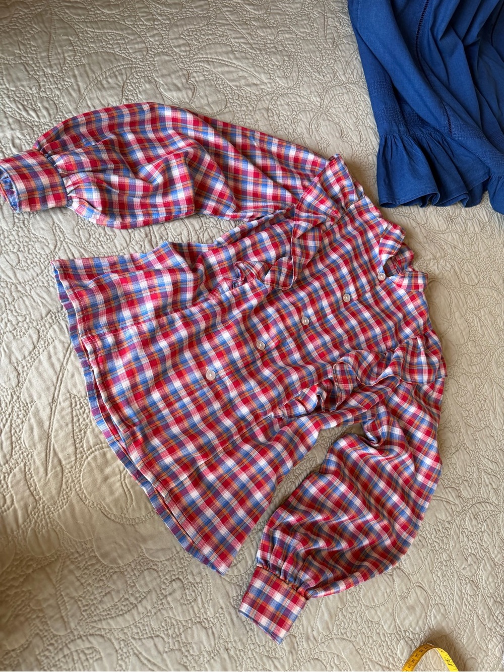 *SOLD* VTG 80s Handmade Plaid Ruffle Blouse Cottagecore Prairie Romantic, S - Picture 7 of 14